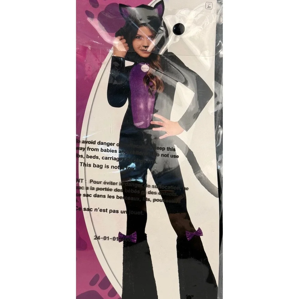 Spirit Pretty Kitty Costume Kids Small 4-6 Black Purple Hooded Jumpsuit Tail NEW
